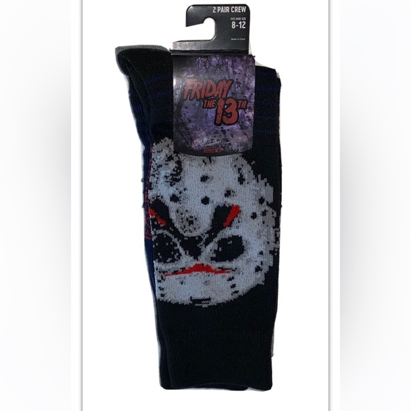 Friday The 13th Crew Socks 2 Pair Men 8-12 Black Gray Mask Jason Voorhees Horror - Picture 1 of 12